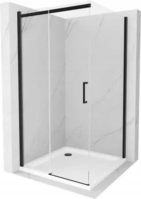 Produktbild von Mexen Omega ausziehbare Duschabtrennung 100 x 100 cm, Transparent, Schwarz + Duschwanne Flat, Weiß - 825-100-100-70-00-4010B