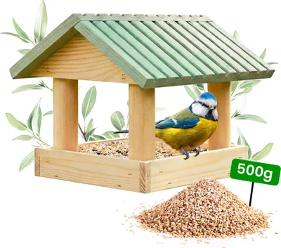 Produktbild von PATKAR Vogelhaus zum Aufhängen - Vogelfutterspender Futterhaus für Vögel - Vogelfutterhaus für Wildvögel Balkon Vogel - 26 x 24 cm - aus Kiefernholz + 500g Futter Gratis