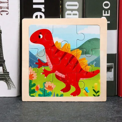 Zdjęcie produktu dla Drewniane puzzle dla dzieci z motywem dinozaurów z kreskówek, 9 elementów