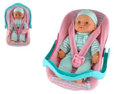 Obrázok produktu pre Bábika, dieťa, plast/látka, 30 cm, s mäkkým telom, v nosíku/autosedačke, s cumlíkom, 2 farby, balené v blistri