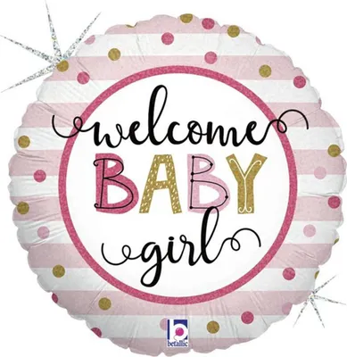 Produktbild von 18"/Ø46cm Folienballon "Welcome Baby Stripes Holo Girl"
