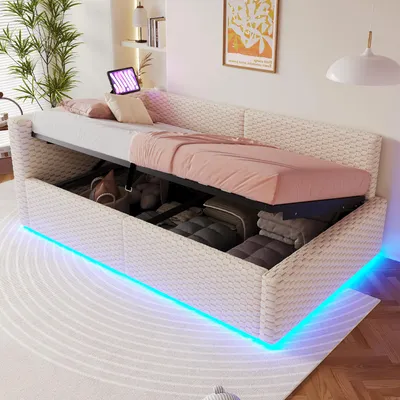 Productafbeelding van Boxspringbed 90 x 200 cm met LED-verlichting, 2 USB-poorten en een USB-C-poort, een L-vormig hoofdeinde, hydraulische opbergruimte, fluwelen bekleding, lattenbodem, beige kleur