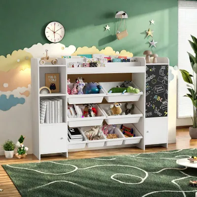 Zdjęcie produktu dla Regał dziecięcy, 4-poziomowa półka z 5 przegrodami i 8 wyjmowanymi pojemnikami, do sypialni, salonu, pokoju zabaw, biały