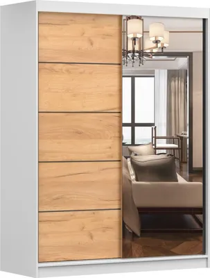 Produktbild von Kleiderschrank mit Spiegel Schwebetürenschrank 2-türig Schrank mit Einlegeböden und Kleiderstange Schiebtüren Schlafzimmer Wohnzimmerschrank 150x200x61 cm - Beni 05 Craft (Weiß + Craft gold, 150)