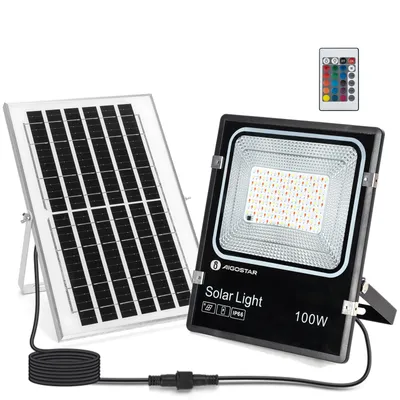 A solar LED floodlight and its solar panel are displayed against a white background, with a remote control shown in the upper right corner.