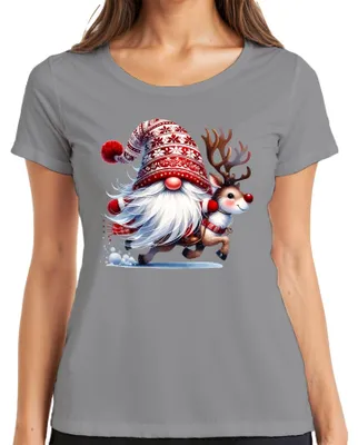 Produktbild von Weihnachtsmann mit Rentier lustig Cartoon Weihnachten Zwerg Gnom Damen T-Shirt, Grau, M
