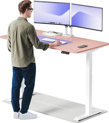 Image de Desktronic HomeOne Bureau électrique réglable en hauteur 160x80cm blanc/rose avec fonction mémoire, technologie anti-collision, ports de recharge USB-A et USB-C