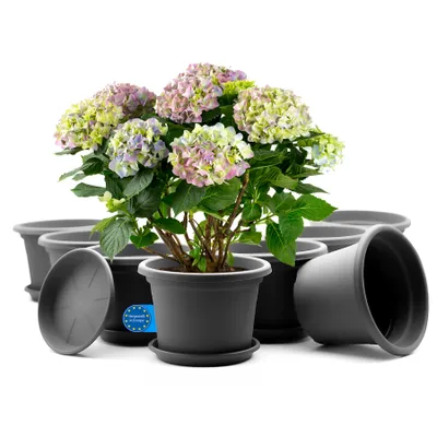 Produktbild von BigDean 8 Stück Blumentopf mit Untersetzer rund ø 20 cm Anthrazit – wetterfester Pflanzkübel Gefertigt in Europe