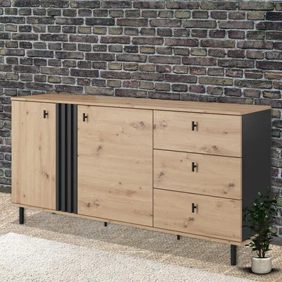 Image de Buffet à 2 portes et tiroirs, 165 cm, chêne Grange couleur sable, 80143942