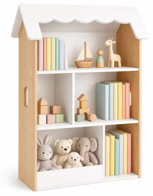 Zdjęcie produktu dla KOMFOTTEU, drewniana półka na książki dla dzieci z 5 otwartymi przegródkami, wymiary: 70 x 33 x 92 cm, Obraz wygenerowany przez AI