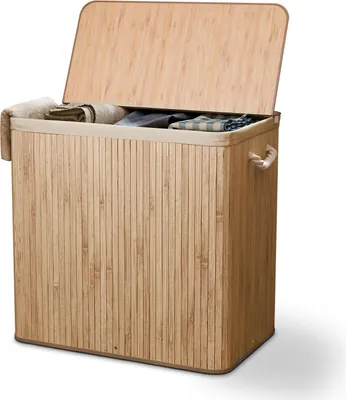 Produktbild von Juskys Bambus Wäschekorb Curly 150 Liter mit Deckel & Sack - 3 Fächer - Natur