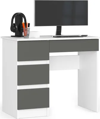 Produktbild von Computerschreibtisch – Schreibtisch – Bürotisch – Büroschreibtisch – 90 cm – Weiß / Graphit – Kompakter Computertisch mit 4 Schubladen links