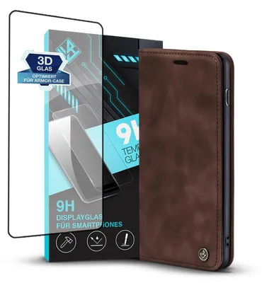 Produktbild von Handy Hülle für Samsung Galaxy S10+ mit 9H Displayglas Klapphülle Bookcase Flip Cover Handy Tasche Etui Farbe: Dunkelbraun