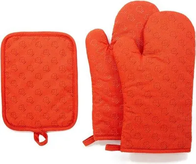 Immagine prodotto di Set di 3 guanti da forno e presine Unyqoos®, in silicone, resistenti al calore, con guanti antiscivolo per grigliate, cottura al forno, cucina, forno e microonde, colore arancione