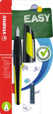 Produktbild von Schulfüller mit Anfänger-Feder A - STABILO EASYbuddy in schwarz/limette - Schreibfarbe blau (löschbar) - Einzelstift - inklusive Patrone