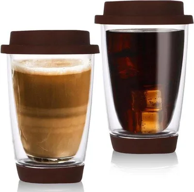 Produktbild von Kaffeebecher doppelwandig - 350 ml - mit Deckel - Cappuccino-Becher - Kaffeebecher - Eis-Kaffee Glas - Thermoglas - Kaffee-Mokka - braun.