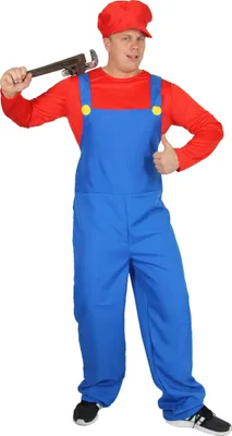 A man wearing a plumber costume, holding a wrench.