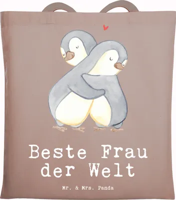Produktbild von Mr. & Mrs. Panda Tote Bag Pinguin Beste Frau der Welt - Braun Pastell - Geschenk, Ehe, Beutel, Lebensgefährtin, Liebling, Unitasche, Tragetasche, Tasche, dokumententasche