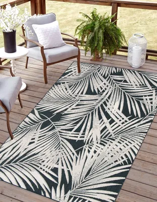 Produktbild von In- und Outdoor Teppich wetterfest, wasserfest Teppich für Terrasse, Balkon, Garten, Innenräume, PALM, Schwarz-Beige in 160 x 230 cm