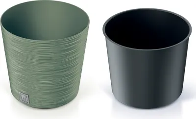 Two plant pots are shown side-by-side against a white background. The pot on the left is green with a textured surface and a small logo at the bottom. The pot on the right is black and appears to be an inner liner or a different style of pot.