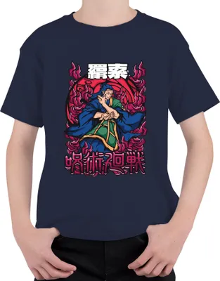 Zdjęcie produktu dla 呪術廻戦 Anime Flames Magician Japońska manga Anime Estetyka Prezent Uni  Koszulka dziecięca, Granatowy, 128