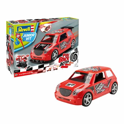 Produktbild von Revell Junior Kit Pull Back Rallye Car, Rennauto, Rot, Modellbausatz für Kinder, 36 Teile, ab 4 Jahren, 00831