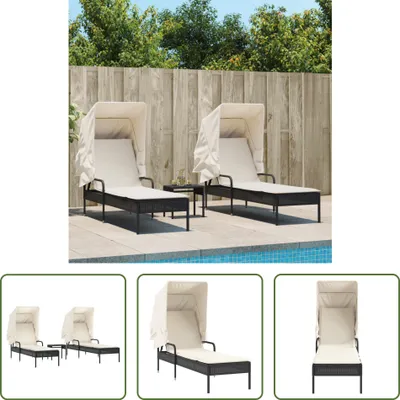 Produktbild von The Living Store Sonnenliegen 2 Stk. mit Dach und Tisch Schwarz Poly-Rattan