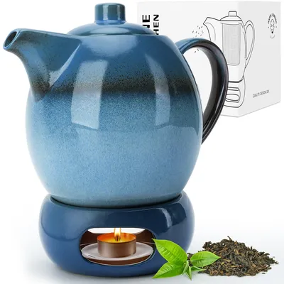 Keramische theepot 1,2 l mit Sieb und Stövchen, tiefblau