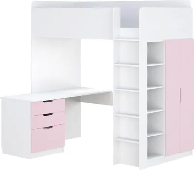Produktbild von Shefa Kids Modernes Hochbett mit Kleiderschrank, Schreibtisch und Regal - 90 x 200 cm Liegefläche - Platzsparendes Kinder Kinderbett - Rosa