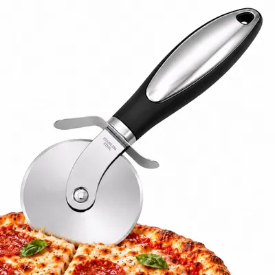 Produktbild von Pizzaschneider - Edelstahl mit rutschfestem Griff - Küchenwerkzeug zum Schneiden von Pizza - Ø 76 mm