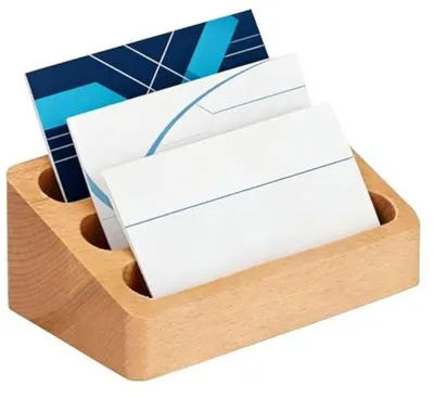 Image de Porte-cartes de visite en bois à 3 compartiments, hêtre, présentoir pour le bureau ou la maison, capacité : 30 à 50 cartes