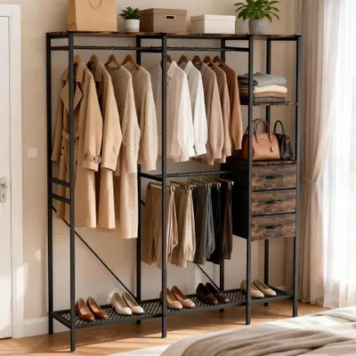 Image de Porte-vêtements WISFOR avec tiroirs, étagère à chaussures, armoire ouverte avec barre de suspension