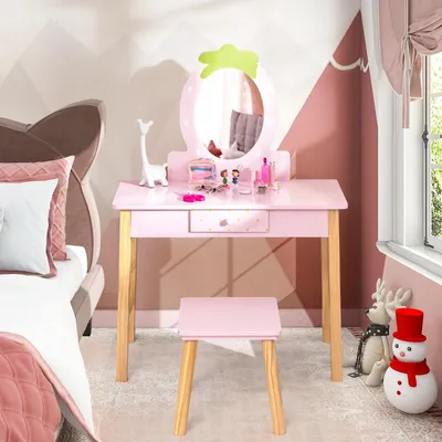 Immagine prodotto di Set da toeletta 2 in 1 per bambini con sgabello e specchio, legno