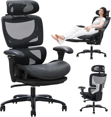 Zdjęcie produktu dla Ergonomiczne krzesło biurowe z podnóżkiem – fotel menedżerski z wysokim oparciem, regulowanym podgłówkiem i podłokietnikami 3D – oddychająca siatka, dynamiczne podparcie lędźwiowe, regulowana wysokość – kolor czarny