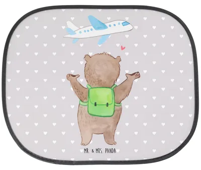 Produktbild von Mr. & Mrs. Panda Sonnenschutz für Auto Bär Flugzeug - Grau Pastell - Geschenk, Frauen, Hochzeitstag, Freundin, Partner, pkw, saugnapf, Fürs, Valentinstag, Autoscheibe