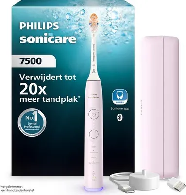 Zdjęcie produktu dla Philips Series 7500 HX7422 Ładowana szczoteczka do zębów, Dorosły, Soniczna szczoteczka do zębów, Delikatny, Pielęgnacja dziąseł, Wybielający, 62000 ruchów na minutę, Jasnoróżowy, 2 min, 4 x 30 sec