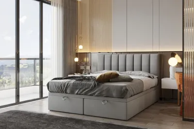 Image de TRADA Bond Lit Boxspring Lit adulte 180x200 avec matelas ressorts ensachés et rangements en tissu velours Gris