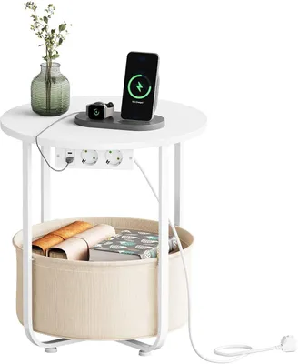Produktbild von WOLTU Couchtisch rund mit Steckdose Abnehmbarer Korb Ø45×H50 cm : Weiß+Beige Farbe: Weiß+Beige