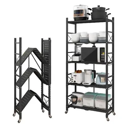 A product image showing two black metal shelving units. One is folded and the other is assembled and filled with kitchen appliances.