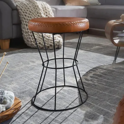 Image de FineBuy Pouf en cuir véritable / métal 35 x 48 x 35 cm Pouf design rond Pouf décoratif recouvert de cuir Pouf en cuir moderne Marron Rembourré