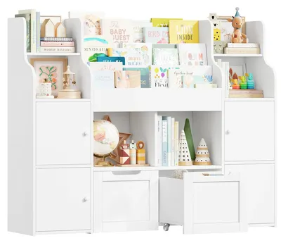 Immagine prodotto di Libreria e scaffale per giocattoli per bambini - Mobile in legno a 3 ripiani - 6 scomparti aperti - 2 cassetti con rotelle - 8 contenitori estraibili - 122x30x100 cm - Bianco