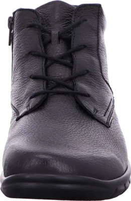 A close-up front view of a black leather boot.