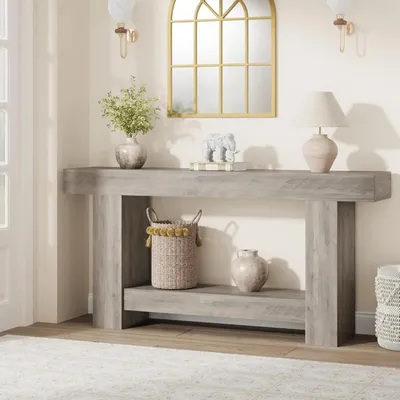 Produktbild von Landhaus-Holztisch - Konsolentisch - 160 cm Lang - 2 Ebenen Mit Stauraum - Rechteckig - Für Flur & Wohnzimmer - Antik-Optik - Grau