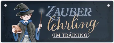 Produktbild von Zauberlehrling Metallschild L in 10,5x28cm mit Zauberschüler in blau mit