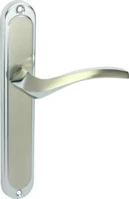 A silver and gray door handle with a long plate, isolated on a white background.