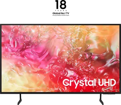 A Samsung TV displaying a colorful abstract image, with marketing text at the top and bottom.