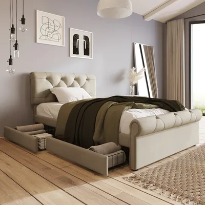 Produktbild von okwish Polsterbett 90x200cm Einzelbett Bettgestell mit 2 Schubladen und Höhenverstellbarem Kopfteil （Mit Matratze)