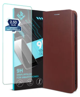 A product image showing a brown leather flip phone case next to a screen protector.