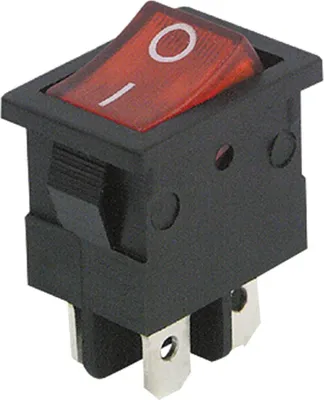 Produktbild von Mini-Wippenschalter McPower, 4-polig, rote Wippe, 250V /6,5A, Stellungen: EIN/AUS