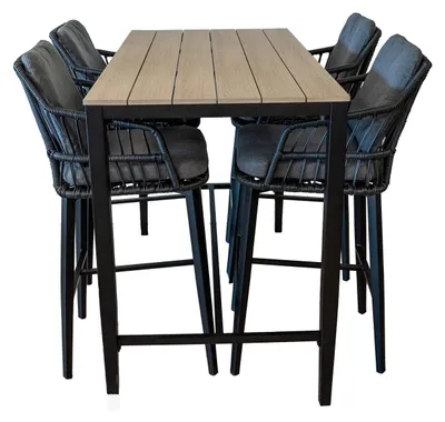 Produktbild von 5-teiliges Gartenbar-Set | 4 Isabel Barhocker Schwarz |  Limasol Bartisch 150 x 75 cm Holz